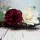 Stabilized eucalyptus burgundy ivory hair comb sola flowers boho wedding Bridal hairpiece greenery accessory maroon wine - $38.00 USD