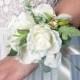 Wedding wrist corsage realistic silk flowers roses dusty miller flocked leafs greenery ivory simple elegant green natural mother of bride - $28.00 USD