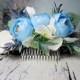 Pastel blue white greenery cold green rustic HAIR COMB silk flowers peony ranunculus hydrangea dusty miller hair piece bridal accessory - $36.00 USD