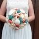 Large shell bouquet coral reef mint ivory rustic beach starfish summer wedding sola Flowers Burlap lace bridal - $165.00 USD
