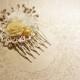Handmade wedding hair comb clip resin flowers roses vintage gold creme white wedding prom accessory hair piece bride - $16.00 USD