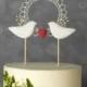 New! Pearl Bridal Topper, Bird Wedding Cake Topper, Wedding Topper in White and Red, Wooden Cake Topper with Lovebirds