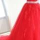 Plus Size Friendly Floor length Premium Red Tulle Ruffle Wedding Gown with Attached Bling Sash , A-line Princess Corset Ball Gown