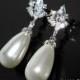 White Teardrop Pearl Earrings, Swarovski Pearl Silver Bridal Earrings, White Pearl CZ Silver Earrings, Bridal Pearl Jewelry, Prom Earrings - $24.00 USD