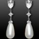 White Teardrop Pearl Earrings, Swarovski Pearl Silver Bridal Earrings, White Pearl CZ Silver Chandelier Earrings, Bridal Pearl Jewelry - $30.90 USD