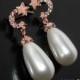 Teardrop Pearl Rose Gold Bridal Earrings, Crescent Moon Star Pearl Earrings, Wedding White Pearl Earrings, Swarovski White Pearl Earrings - $27.50 USD