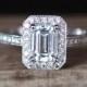 Charles&Colvard Moissanite Engagement Ring 5*7mm Emerald Cut Moissanite Ring Halo Diamonds Milgrain Bezel Wedding Ring 14K White Gold Ring