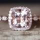 Art Deco Morganite Engagement Ring Natural 7mm Cushion Cut Morganite Ring Halo Ring Half Eternity Diamond Ring Stackable 14K Rose Gold Ring