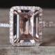 Gold Morganite Engagement Ring VS 7*9mm Emerald Cut Morganite Ring Diamonds Halo Ring Half Eternity Stackable Ring 14K Rose Gold Ring