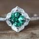 Vintage Emerald Engagement Ring Floral Halo Diamonds Ring Treated 5MM Cushion Cut Emerald Ring Art Deco Gemstone Ring 14K White Gold Ring