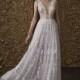 Nurit Hen 2018 GT 14 Deep Plunging V-Neck Sleeveless Sweet Aline Ivory Sweep Train Spring Lace Hand-made Flowers Dress For Bride - Customize Your Prom Dress