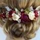 burgundy headpiece, floral hair piece, burgundy and silver hair clip, bridal headpiece, burgundy hair flower, silver wedding, red rose