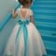 Lace Flower Girl Dress with Cap Sleeves, Tulle Skirt, Heart Back Cut-Out and Rhinestone Belt (2-14) - Hand-made Beautiful Dresses