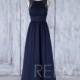 Bridesmaid Dress Navy Blue Chiffon Wedding Dress,Jewel Neck Illusion Lace Long Prom Dress,Ruched Bodice A Line Maxi Dress Full Length(H486)