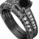 Black Diamonds Engagement Ring Set, Vintage Engagement Ring Sets, Wedding Anniversary Sets, 1.32 Carat 14K Black Gold Certified Handmade