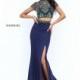 Navy Sherri Hill 50540 - Cap Sleeves High Slit Jersey Knit Open Back Dress - Customize Your Prom Dress