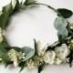 Winter flower crown, bridal flower crown, simple green and white floral headpiece, white rose flower crown, boho wedding, rustic, pantone
