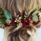 burgundy headpiece, floral hair piece, burgundy hair clip, bridal headpiece, burgundy hair flower, gold wedding, leaf floral hair clip
