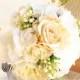 White, Ivory and Champagne Handmade Keepsake Bridal Bouquet, Roses and Anemones