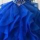 Ball-Gown High-Neck Chapel Train Organza Rhine Stone Prom Dresses 2860