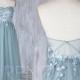 Bridesmaid Dress Dusty Blue Tulle Wedding Dress with Lace Applique,Sweetheart Strapless Maxi Dress,Illusion Lace Low Back Prom Dress(LS339)