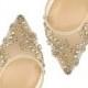 Comfortable Champagne and Gold Low Heel crystal embellished and beaded wedding shoes with ankle straps Bella Belle Frances