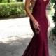 Mermaid Sexy V-Neck Backless Burgundy Lace Prom Dress With Sequins