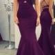 Chic Trumpet/Mermaid Spaghetti Straps Grape Satin Simple Modest Prom Dress Evening Dress AM589