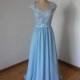 Cap Sleeves Sweetheart Light Sky Blue Lace Chiffon Long Bridesmaid Dress - Hand-made Beautiful Dresses