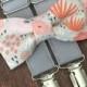 Coral and blush floral Bow Tie and gray Suspender Set for men, boys, toddlers, and babies. Sent 1-3 business days after you order
