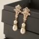 Bridal earrings-Rose gold art deco floral post earrings-Wedding earrings-Wedding jewelry-Bridal jewelry-Swarovski crystal-Pearl earrings - $39.00 USD