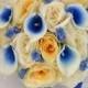 17 Piece Package Wedding Bridal Bouquet Silk Flowers Bouquets Bride Picasso Calla Lily Royal BLUE IVORY YELLOW "Lily of Angeles" YEBL02