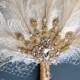 Gold Bridal brooch Bouquet Ostrich Big alternative Feather Fan Bridal Bouquet Ivory Great Gatsby 1902s art deco wedding Roaring 20's bouquet