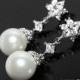 Pearl Bridal Earrings, White Pearl Silver Earrings, Wedding Pearl Earrings, Pearl Bridal Jewelry, Pearl Cubic Zirconia Chandelier Earrings - $30.90 USD