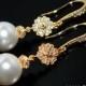 White Pearl Gold Bridal Earrings, Swarovski 10mm Pearl Chandelier Earrings, Bridal Bridesmaids Pearl Jewelry, Prom Pearl Earrings, Weddings - $33.50 USD