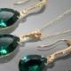 Emerald Green Crystal Jewelry Set Emerald Gold Earrings&Necklace Set Swarovski Emerald Rhinestone Jewelry Set Wedding Green Jewelry Sets - $48.00 USD