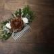 Green brown  HAIR COMB cedar rose ivory sola flowers rustic woodland wedding, burlap hair piece, bridal accessory, custom, dried flowers