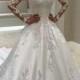 Ball Gown Illusion Bateau Court Train Long Sleeves Satin Wedding Dress With Appliques