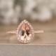 Engagement Ring 14k Rose Gold Morganite Pear 10x7mm and Diamond Halo Ring, Bridal Ring, Peach Pink Morganite Pear Wedding Ring, Promise Ring