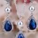 MARIAH Navy Sapphire Bridesmair Gift Blue Bridal Jewelry Set Teardrop Pearl Earrings Necklace