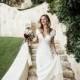 V-Neck Column Spring Ivory Simple Cap Sleeves Court Train Satin Bow Garden Bridal Dress - overpinks.com