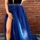 Customized Absorbing Prom Dresses Blue Deep V-Neck Sweep Train Split Royal Blue Organza Beaded Prom Dress
