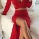 Two Piece V-Neck Long Sleeves Dark Red Prom Dress With Split