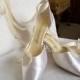 Vintage White Satin Wedding Shoes With 3" Heels And Long Satin Ribbons. Size 8 M....Very Good Condition. Wedding Shoes Lace Up Leg.
