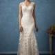 Amelia Sposa 2017 Glenda Cap Sleeves V-Neck Fit & Flare Elegant Chapel Train Ivory Covered Button Lace Appliques Bridal Gown - Bonny Evening Dresses Online 