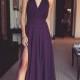 Simple V-Neck Long Prom Dress Purple Evening Dress With High Slit,HS423