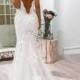 White Lace Tulle Mermaid Spaghetti Straps Court Train Wedding Dress With Appliques, SW114