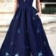 Cheap Trendy Prom Dresses Blue Elegant A-Line Deep V-Neck Navy Blue Long Prom Dress With Appliques Pockets