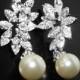 Pearl Cubic Zirconia Bridal Earrings, Swarovski 10mm Ivory Pearl Earrings, Wedding Pearl CZ Earrings, Pearl Bridal Jewelry, Prom Earrings - $34.00 USD