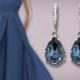 Blue Crystal Wedding Earrings Denim Blue Rhinestone Earrings Swarovski Dark Blue Silver Earrings Teardrop Dangle Earrings Bridesmaid Jewelry - $25.00 USD
